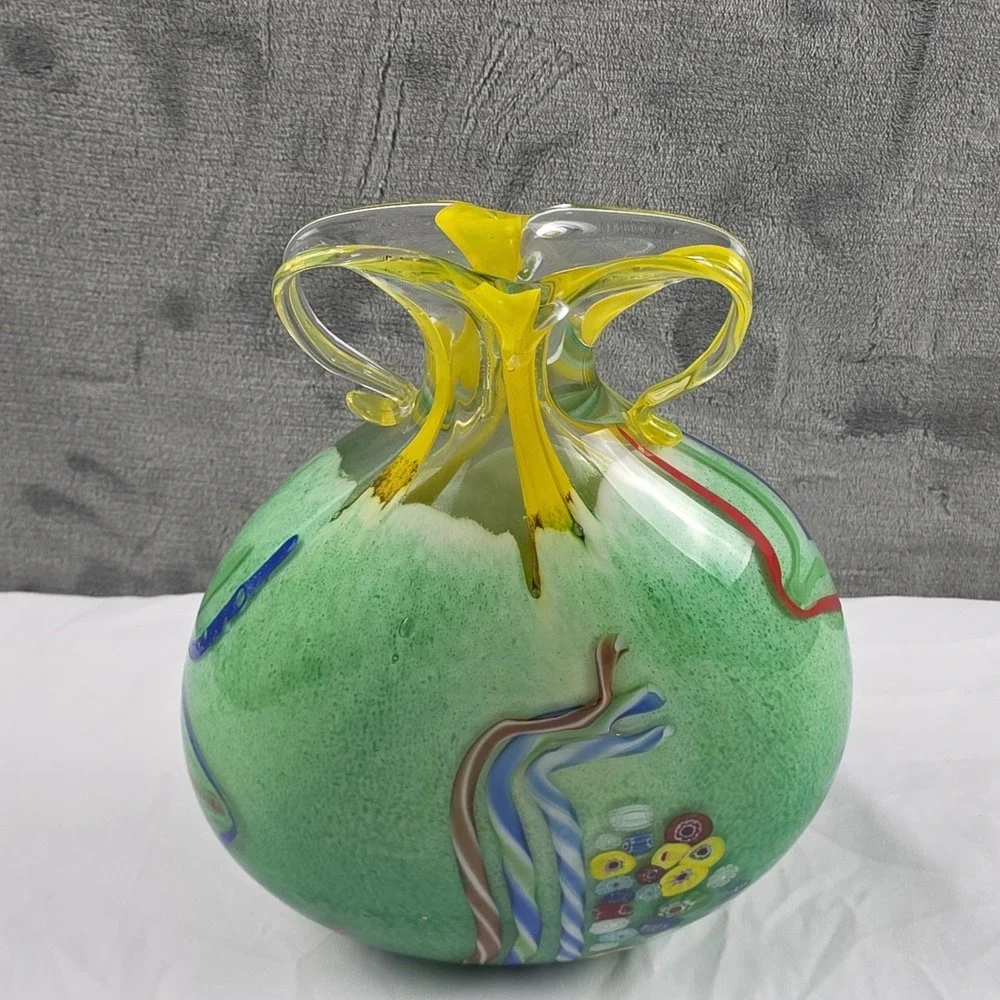 Murano Style Art Glass Vase Millefiori Yellow Green Double Handle Vase 11